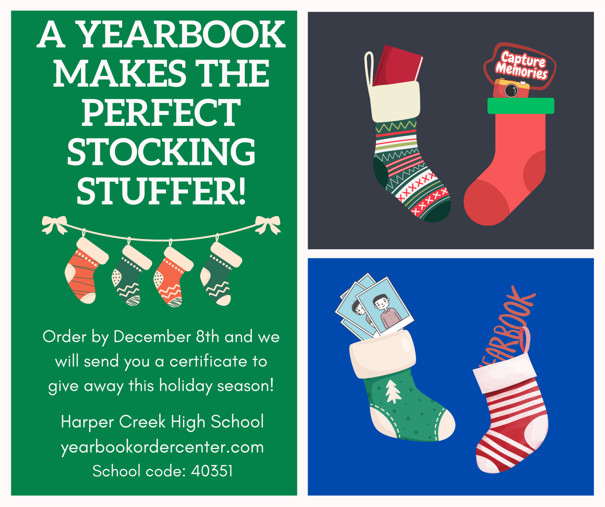 A yearbook makes the perfect stocking stuffer! Order by Dec 6th and we will send you a gift certificate to give away.  Visit yearbookordercenter.com our school code is 40351.