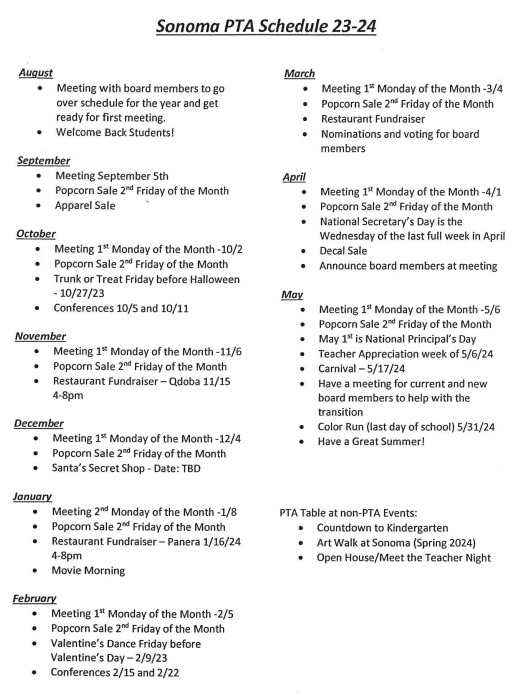 PTA Annual Calendar 2023/2024